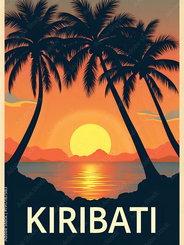 A sunset scene shows the sun setting over calm ocean waters. The sky is filled with orange and yellow colors. Palm trees stand tall in the foreground, creating a silhouette against the sky.