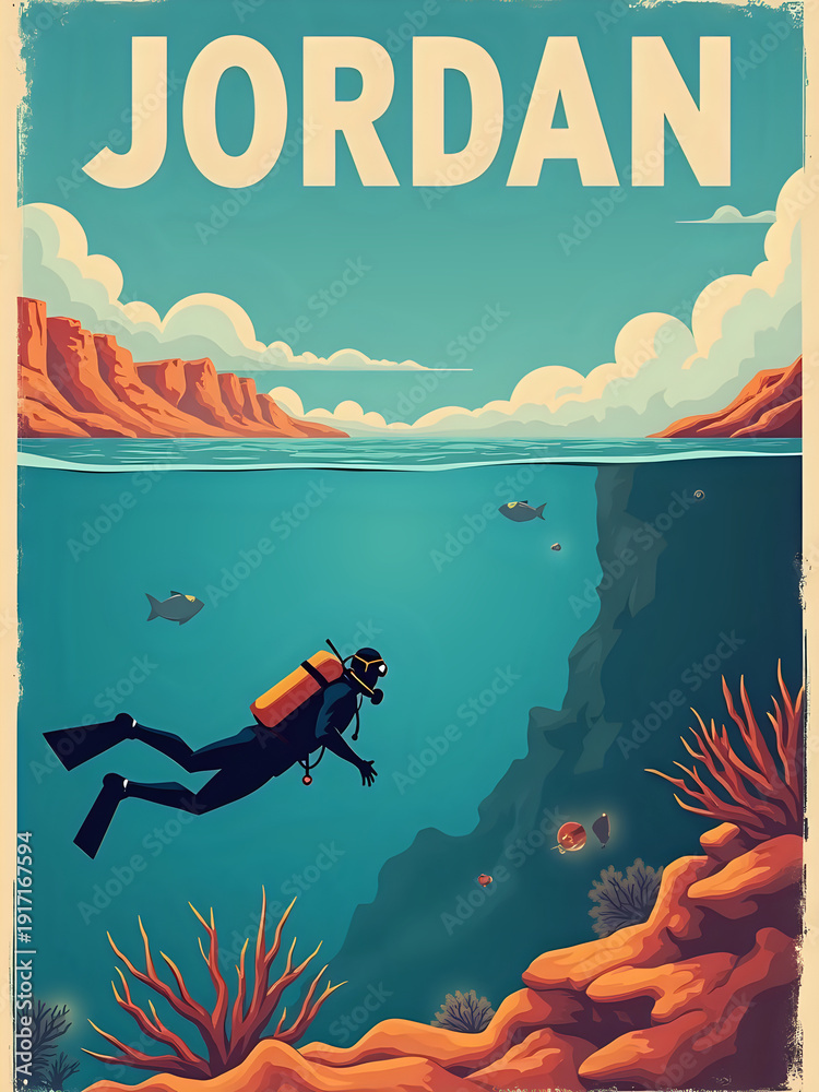A diver swims below the surface of clear water in Jordan. Coral reefs and fish are visible around the diver. The sun shines above, creating a bright scene. Red and orange rocks line the shore.