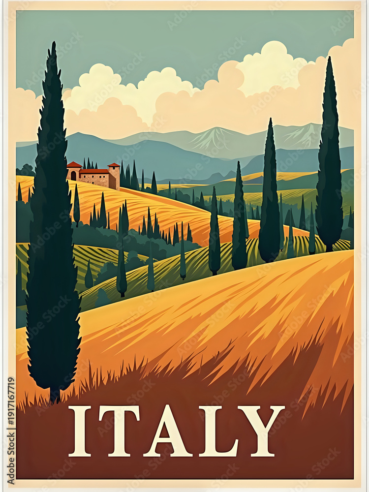 Fields stretch across the land with tall trees lining the view. A few buildings are set against the hills in the background. The sky shows clouds above distant mountains.