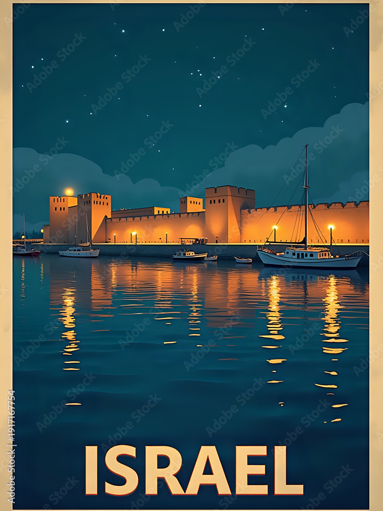 The scene shows a historic fortress lit up at night by the water. Boats are calm on the water, reflecting the fortress. Stars are visible in the sky above.