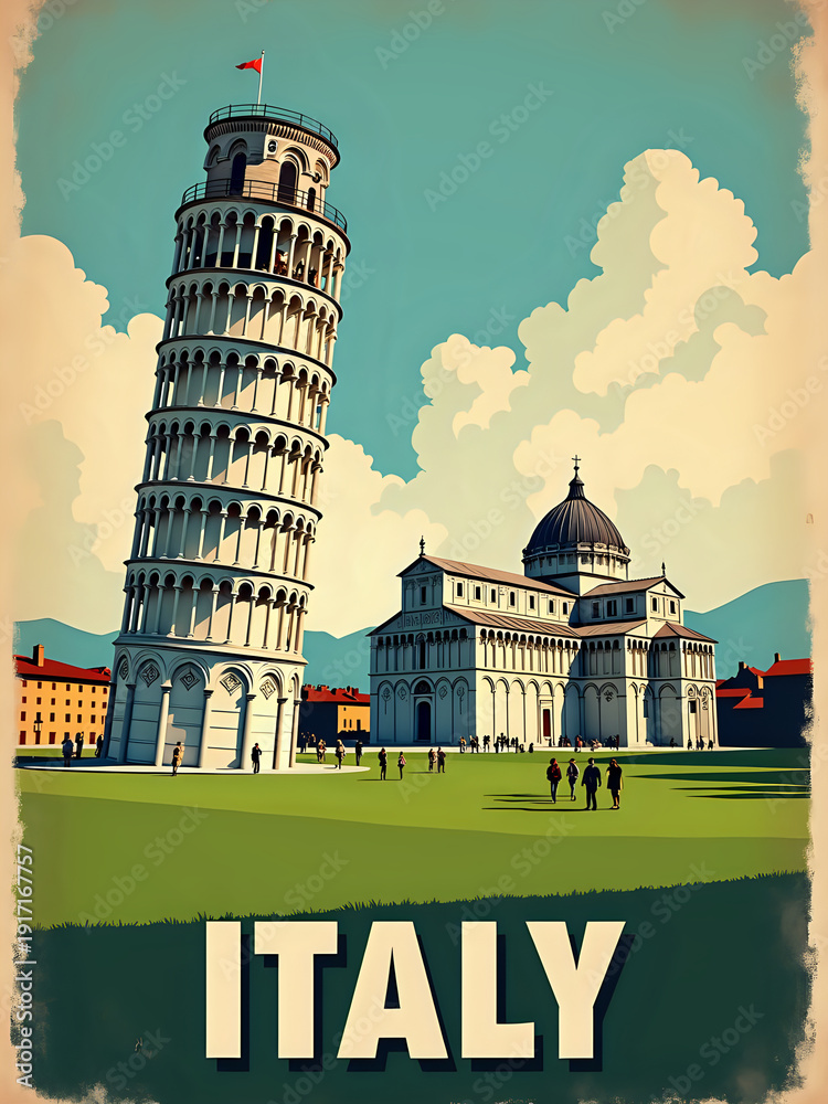 The Leaning Tower of Pisa stands tall next to a cathedral. People walk around on green grass. The sky is bright with clouds. This scene shows Italys historic architecture during the day.