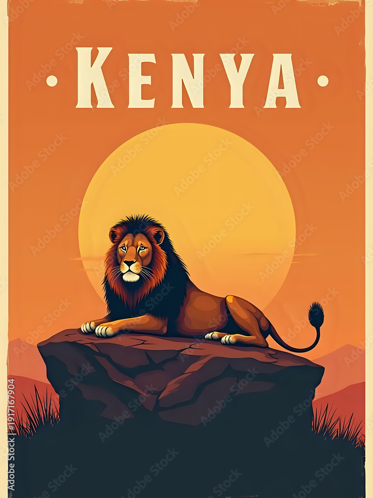 A lion rests on a rock with its body relaxed. The sun is low in the sky, creating a warm glow. Mountains are visible in the background. This scene is typical of Kenyas wildlife.