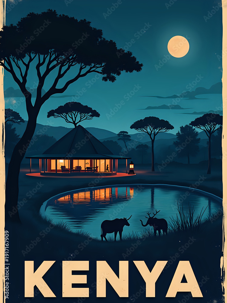 A lodge is set by a calm water body in Kenya. Under the full moon, animals are visible near the shore. The scene shows trees and mountains in the distance.