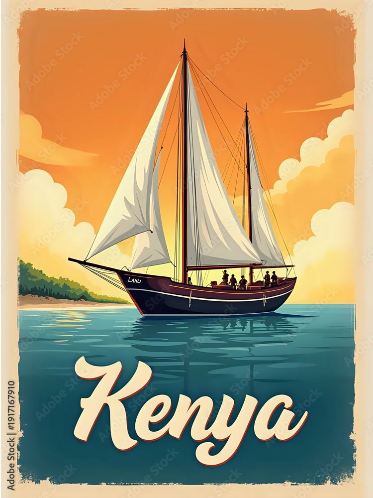 A sailboat with white sails moves through calm waters in Kenya. People are onboard enjoying the warm sunset. The sky is filled with orange and white clouds. The landscape shows green hills.