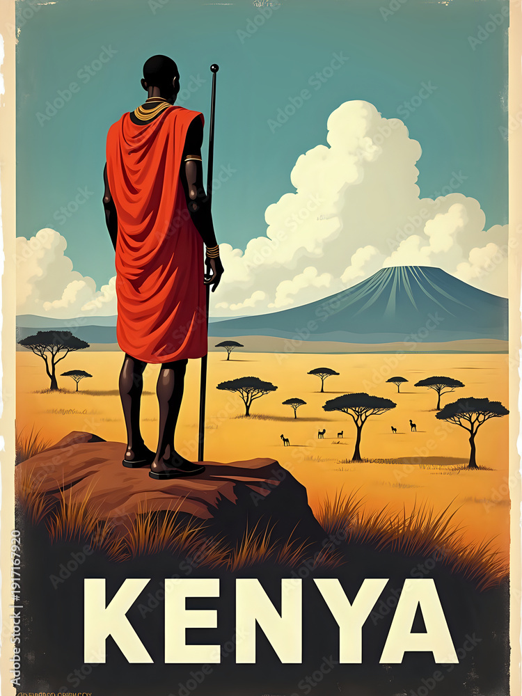A figure stands on a rock holding a staff while wearing traditional clothing. They gaze at Mount Kilimanjaro in the distance. The surrounding area has trees and wild animals scattered in the grass.