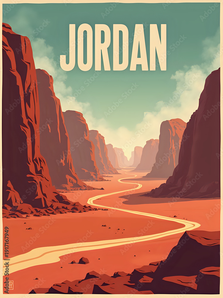 A desert scene shows tall red rock formations and a winding river under a blue sky. The landscape highlights the unique geography of Jordan.