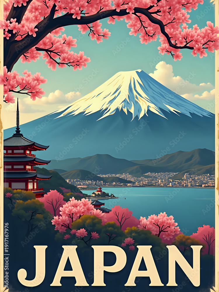 Cherry blossom trees fill the foreground with pink flowers. Mount Fuji is visible in the background against a blue sky. A traditional building stands near the water. This scene is from Japan.
