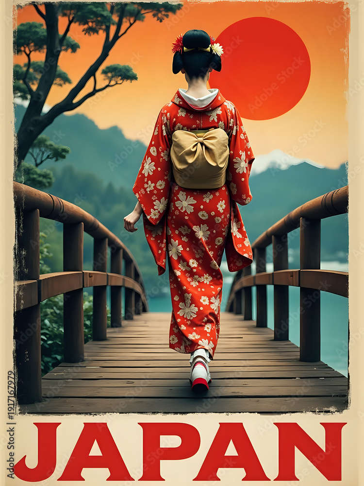 A woman walks away on a wooden bridge in Japan. She is dressed in a red kimono with floral designs. The sunset creates a bright orange sky behind her. Trees are visible nearby.