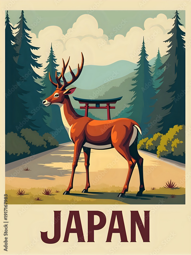 A deer stands next to a traditional gate on a path in Japan. Lush trees surround the area with mountains in the background. The scene captures nature and culture.