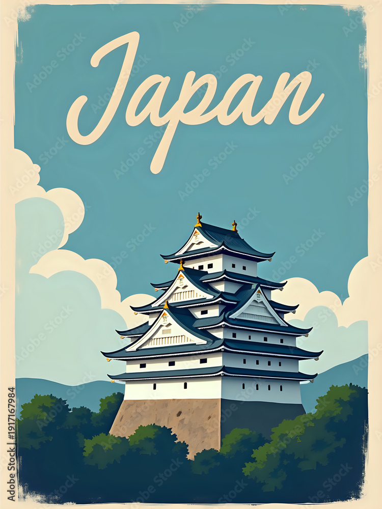 The scene shows a traditional Japanese castle standing tall among trees. Blue clouds fill the sky, and the structure features classic architecture. It is a clear day in Japan.