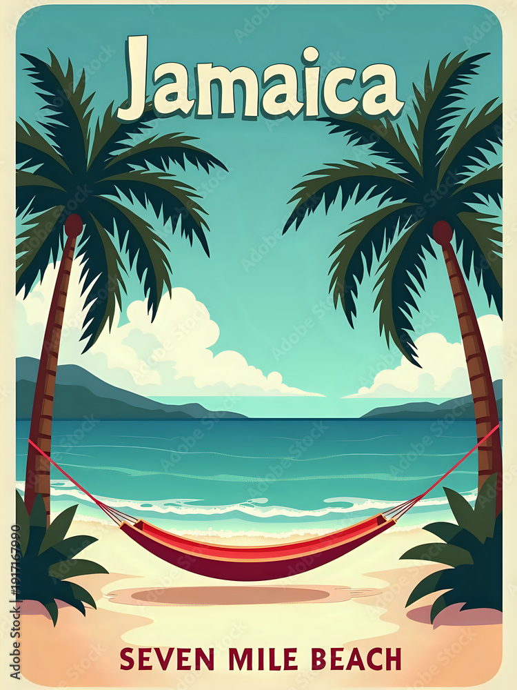 Seven Mile Beach in Jamaica with palm trees on the sides and a hammock hanging between them. Waves roll onto the sand under a clear sky.