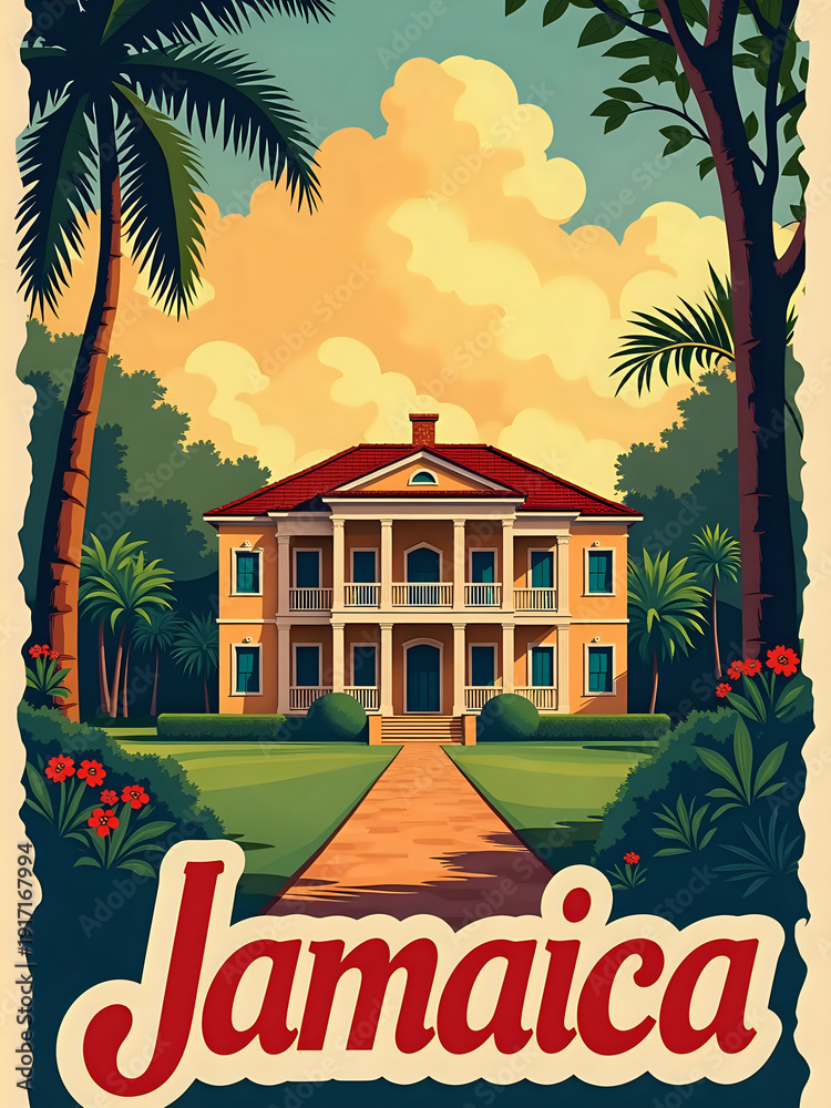 A large house stands in a tropical garden with palm trees and flowers. The sky shows soft clouds and a warm light. The setting is Jamaica, creating a bright and inviting atmosphere.