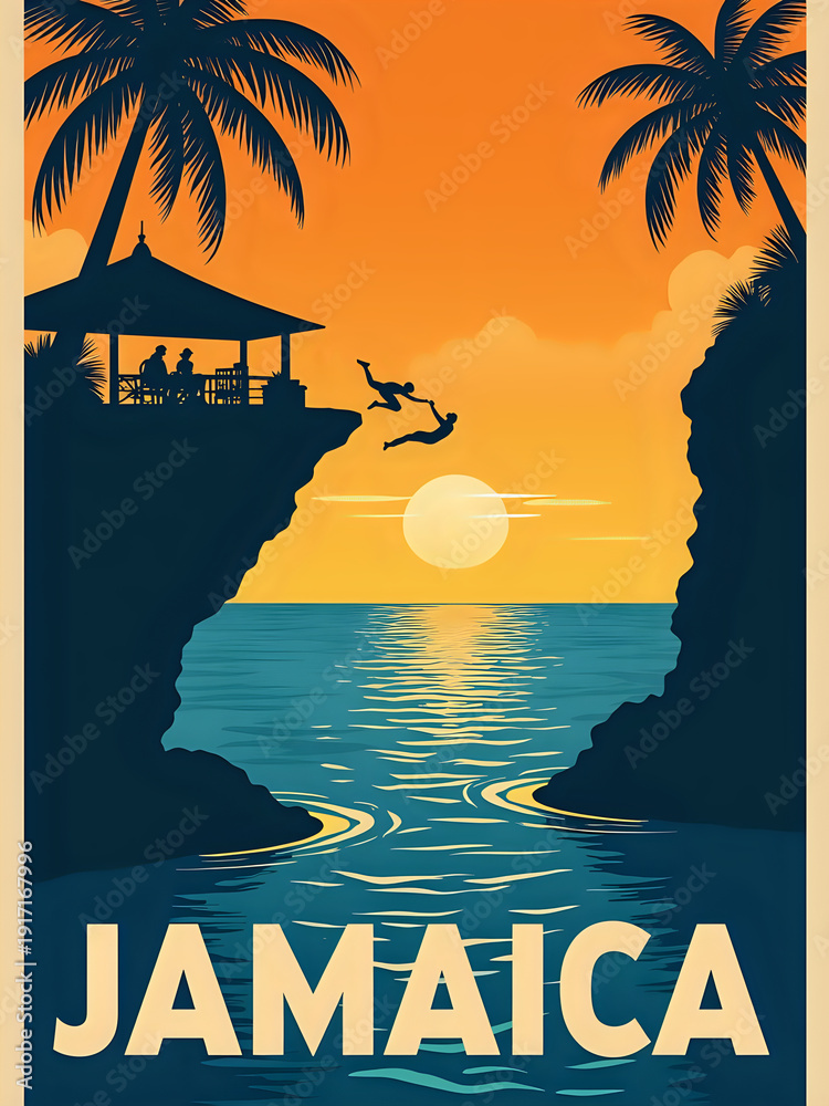 Two people dive from a cliff into the ocean during sunset in Jamaica. A small building sits above the water. Palm trees frame the scene. The sun sets over the calm water.