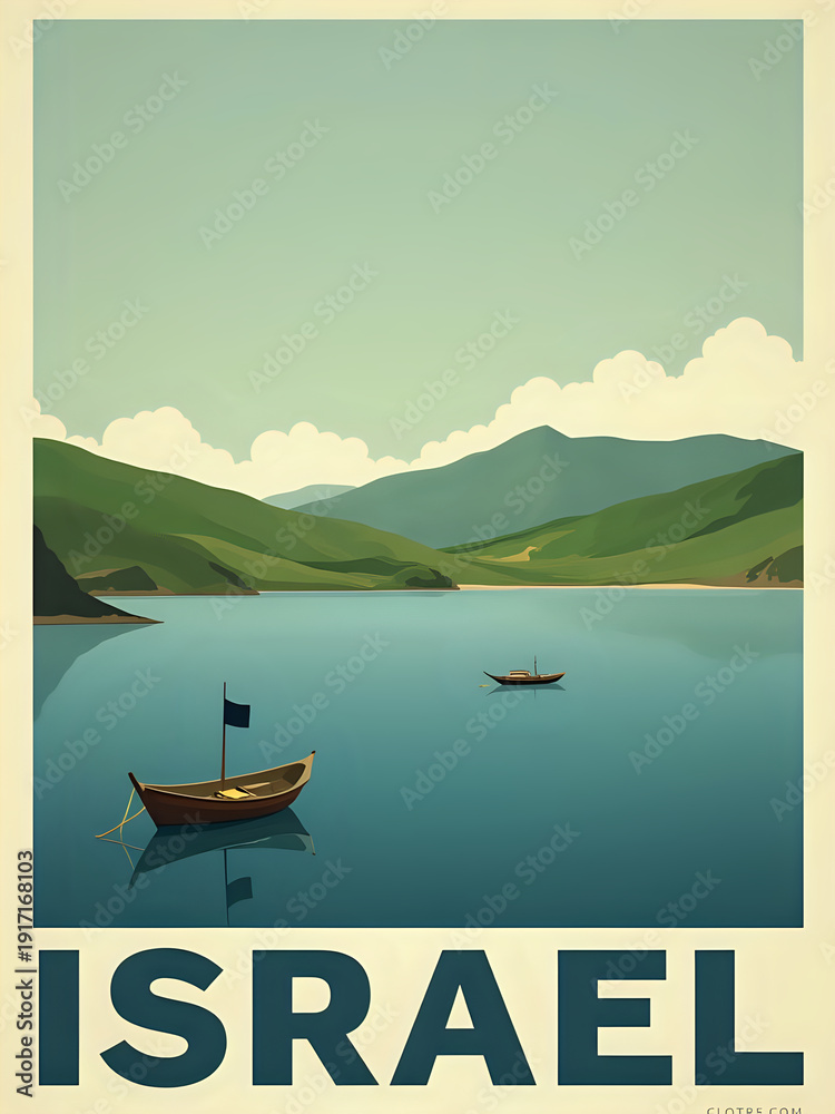 Two boats float on calm water in a lake surrounded by green hills. The sky is blue with light clouds. This scene shows a peaceful moment in nature in Israel.