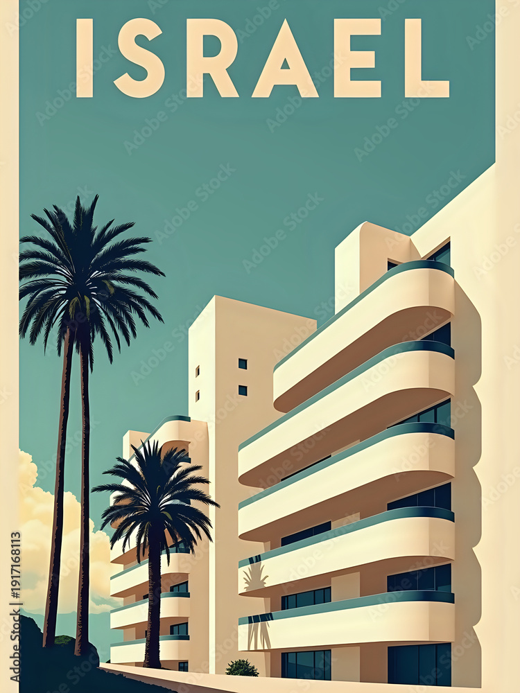 The scene shows tall buildings with curved balconies next to palm trees. A bright blue sky fills the background. The setting suggests a warm and sunny location in Israel.