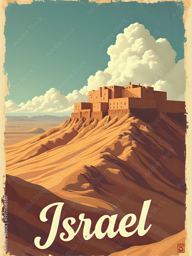 A large, ancient fortress sits on a hill in a desert, under a blue sky filled with clouds. The sun casts shadows on the rocky terrain. This scene shows a blend of history and nature.