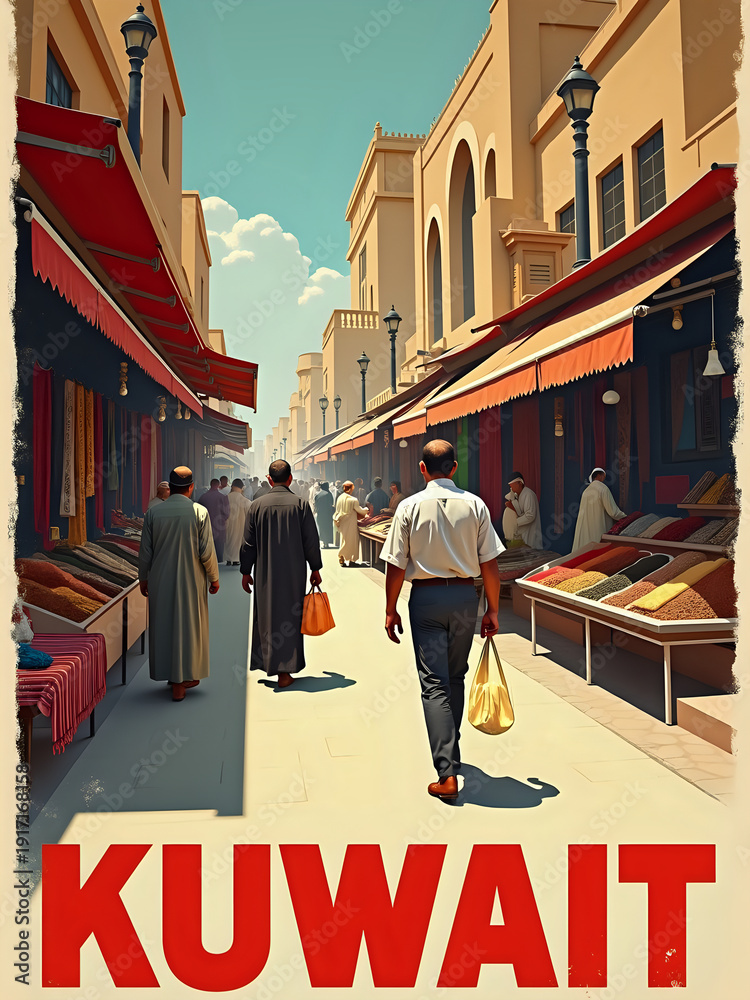 People walk through a market street in Kuwait filled with shops. The bright sun lights up the area, and vendors display their goods. Shoppers carry bags while enjoying the day.