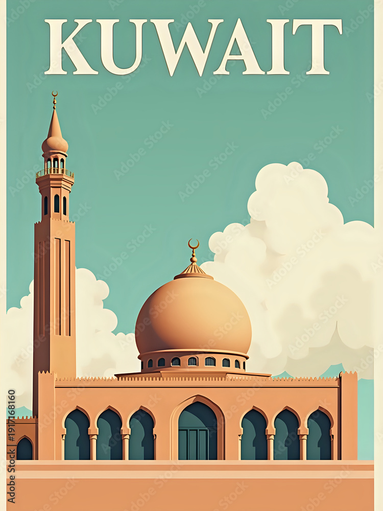 A large building in Kuwait features a dome and a tall minaret against a blue sky with white clouds. This scene shows local architecture and highlights the culture of the area.