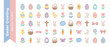 © Sakib - Set of 36 Cute Easter Vector Icons in Flat Design with Pastel Colors. Features Decorated Eggs, Rabbits, Chicks, Baskets, Flowers, Carrots, Butterflies, and Crosses for Spring Holiday Card Design.