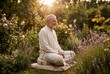 © Meow Creations - Elderly man in white clothes meditating peacefully on a cushion in a sunlit garden at sunset
