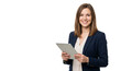 © The Stock Guy - Portrait of a smiling young businesswoman holding a tablet, isolated on a white background, PNG