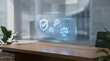 © SewcreamStudio - compliance security law regulation governance technology business professional legal scales and shield hologram interface on a modern office desk for risk management and ethics.