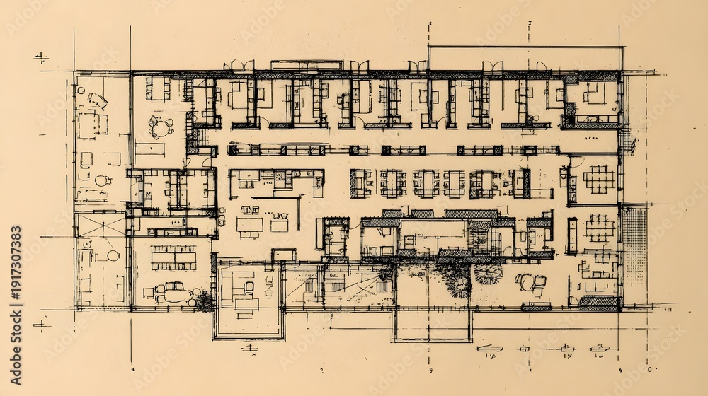 Architectural Blueprint of a Building Floor Plan with Multiple Rooms ...