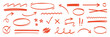 © Polina Tomtosova - Line pen red highlight arrow set. Line pen hand drawn marker stroke red underline, check mark, emphasis. Arrow, star, round frame marker scribble stroke icon elements. Vector illustration