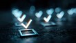 © Oulaphone - Glowing checkmarks in illuminated squares on a dark textured surface, symbolizing approval, selection, or completion.