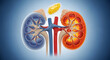 © MST - Detailed 3D render showing a human kidney cross section, intact kidney, and kidney stones for medical insight