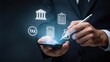 © Leo - Business professional using smartphone with virtual tax icons and financial symbols,online taxation accounting and government compliance concept