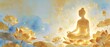© W.O.W - Golden silhouette of a person meditating on a lotus flower with watercolor background. Spiritual contemplation and serenity for religion.