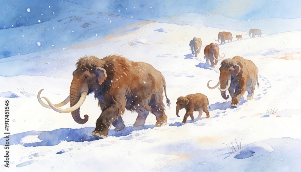 Woolly mammoth herd walking in snow, a prehistoric animal family in a ...