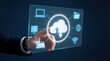 © DrexDesign - Hand interacting with futuristic cloud computing interface in blue neon lighting on transparent screen for technology