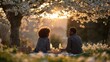 © Irina Kozel - Interracial couple enjoys romantic spring picnic beneath cherry blossoms at sunset, embodying love, diversity, and seasonal outdoor leisure