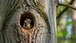 © wati - Focused shot of a woodpecker inside its cavity, nestled within the textured trunk of a towering tree