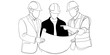 © Nikhil Ray - Line drawing of three engineers in hard hats reviewing a construction blueprint together