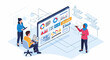 © Raheel - Data analysis and business intelligence isometric vector illustration. Three diverse people collaborate around a large screen displaying various charts, graphs, and data visualizations