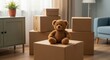 © Tanakorn - Well-loved brown teddy bear perched on cardboard box in brightly lit room, reflecting new home transition and childhood memories