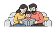 © Bogdan - Cartoon style illustration of a family reading together on a sofa, depicting a happy family moment. Great for educational content, children's books, and family related designs.