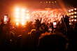 © 9parusnikov - Music festival crowd with raised hands and smartphones under orange lights