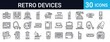 © Icon World - Collection of 30 thin line icons featuring retro vintage devices: gramophone, radio, rotary phone, typewriter, camera, record player, calculator, and more. Perfect for nostalgic designs.