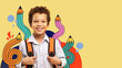 © Prostock-studio - A schoolboy stands smiling with a backpack on his shoulders. He wears a white shirt and has curly hair. The bright yellow background adds fun to his cheerful expression as he prepares for school.
