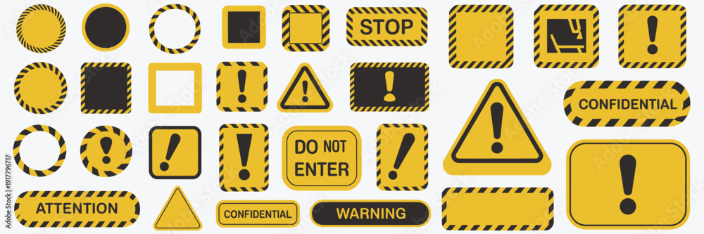 Collection of yellow and black caution frames, warning borders, and ...
