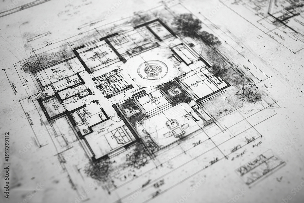 Detailed building floor plan blueprint with measurements showing ...