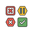 © Zahra - Four graphical icons representing a checkmark, a cross mark, and a pause symbol.