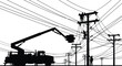 © Joynal - Silhouette illustration of utility workers repairing power lines with boom lift truck, teamwork safety coordination