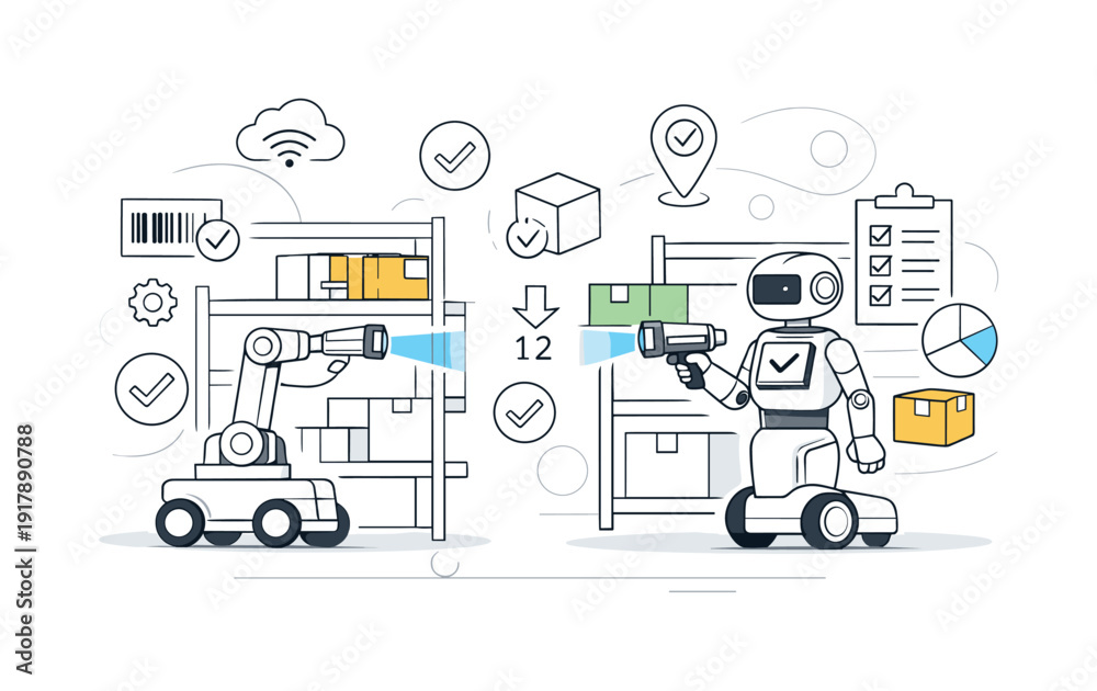 Library Inventory Robot Smart inventory management. Robots scanning shelves with sensors ...