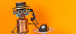 © besjunior - Robot bot operator holds handset rotary telephone. The concept of a hot line phone service for customer support, consultation using answering machine robots trained artificial intellect technology.