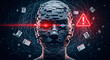 © Creative mind - A futuristic digital human face with warning signs for cybersecurity and data protection concepts.